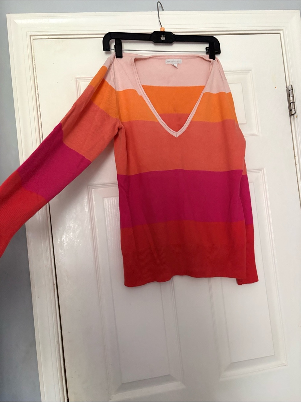 New York & Company V-Neck Striped Long Sleeve Sweater in Pink, Orange & Red